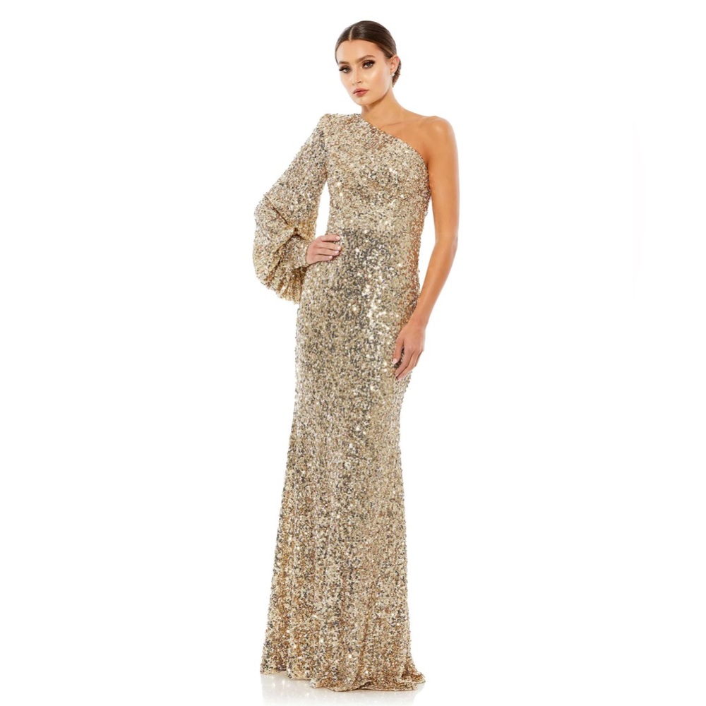 MAC DUGGAL - GOLD SEQUINED ONE SHOULDER BISHOP SLEEVE TRUMPET GOWN